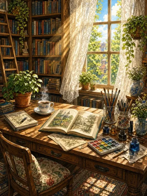 Sunlit Studio Desk in Moebius Illustration Style