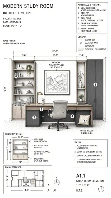 Study Room Interior CAD Blueprint Sketch