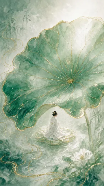 Zen Aesthetic image example: Ink Wash Lotus and Maiden Illustration