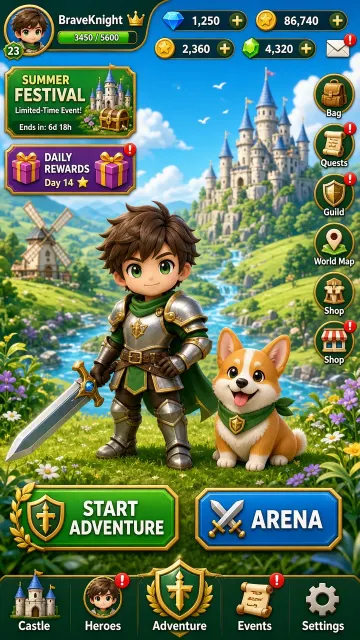 UI Design image example: Chibi Fantasy Adventure Mobile Game UI