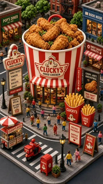 Branding & Logo image example: Fried Chicken Bucket Miniature Streetscape Illustration