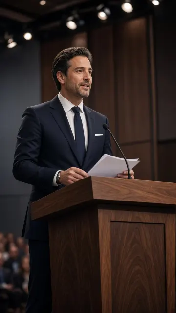 Business and Professional image example: Executive Business Presentation at Podium Portrait