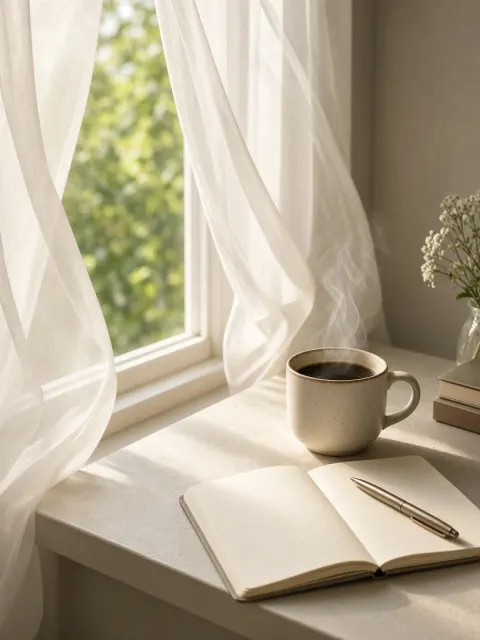 Food and Beverage image example: Serene Window Sill with Coffee and Book Background