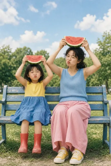 Summer Aesthetic image example: Refreshing Japanese Summer Parent Child Watermelon Portrait
