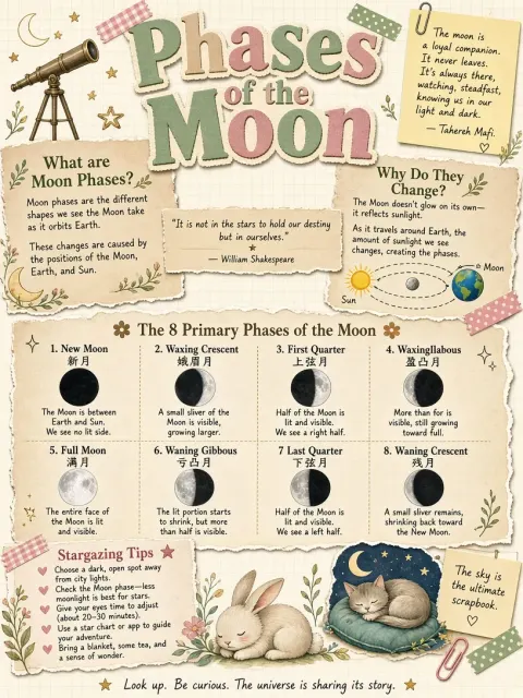 Botanical Flowers image example: Journal Scrapbook Lunar Phases Educational Poster