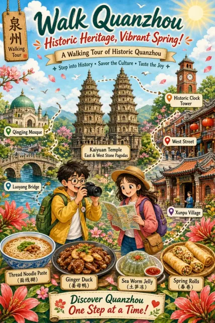 Culinary Food image example: Cartoon Quanzhou Travel Guide Illustration Poster
