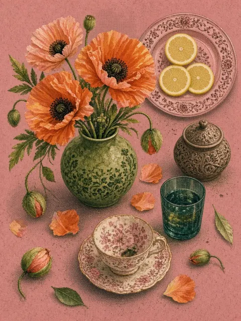 Overhead Shot image example: RISO Screenprint Vintage Botanical Still Life Illustration