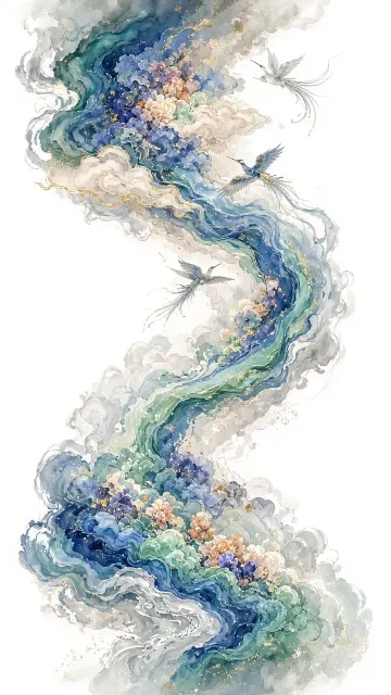 Birds image example: Ethereal Ink Wash Cloud Motif and Flying Birds Illustration