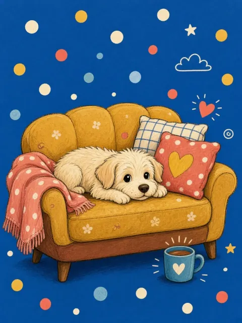 Interior image example: Minimalist Polka Dot Cartoon Dog on Sofa