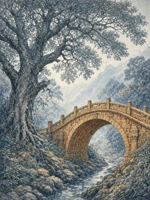 Zen image example: Zen Ink Pen Pointillism Bridge Illustration