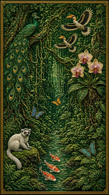 Wildlife image example: Emerald Rainforest Panorama Embroidery Illustration