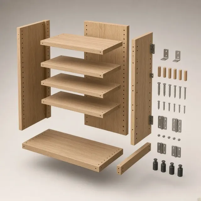 3D Exploded View Bookshelf Knolling Render