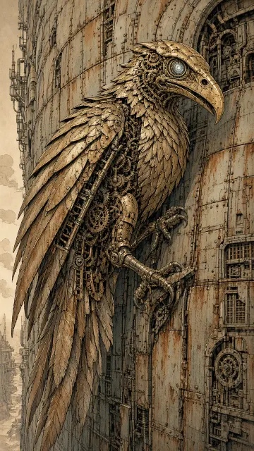 Sci-Fi Illustration image example: Steampunk Mechanical Bird on Steel Wall