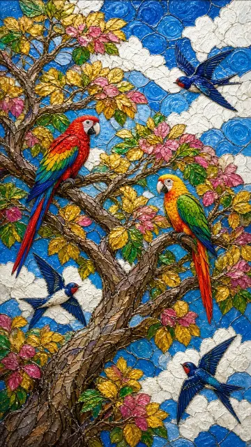 Goldenrain Tree and Parrots Stained Glass Oil Painting