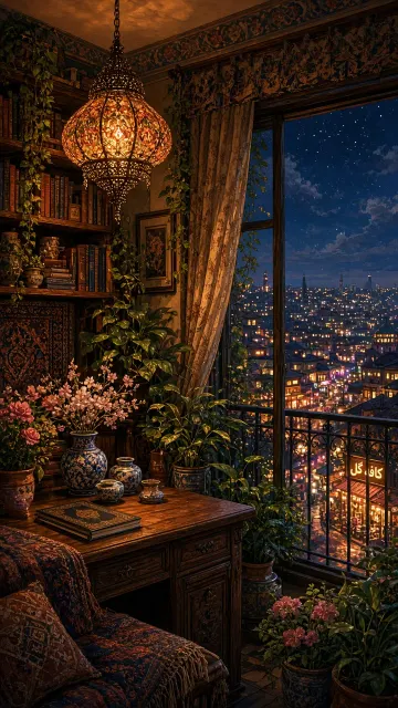 Cozy Botanical Study Room Night View