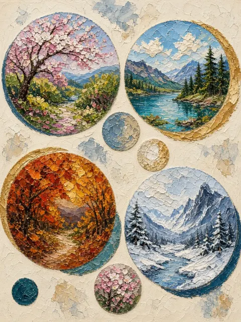 Four Seasons image example: Impasto Oil Four Seasons Circular Landscapes
