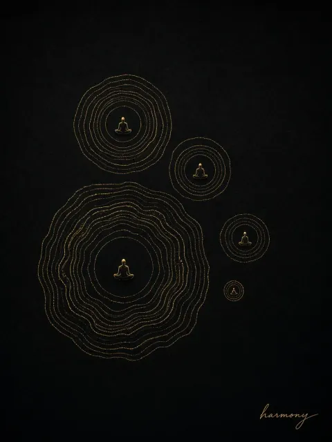 Aerial Top-Down image example: Black and Gold Contour Tree Ring Meditation Art