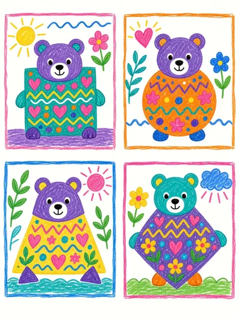 Flora & Botanicals image example: Crayon Style Four-Panel Folk Pattern Bear Illustration