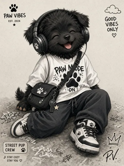 Animal image example: Chibi Streetwear Black Puppy Character