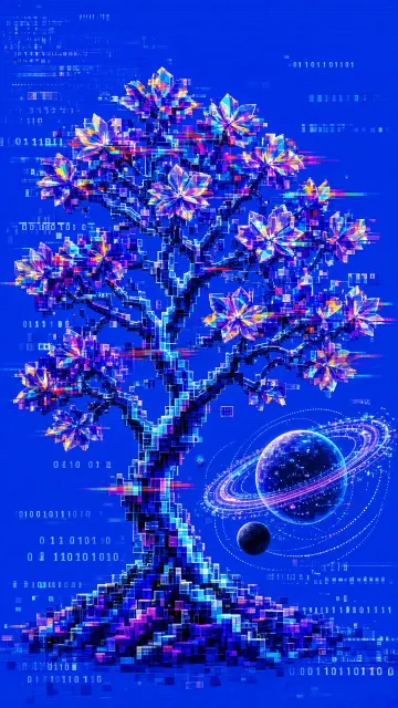 Klein Blue image example: Digital Glitch Pixel Cherry Tree Art