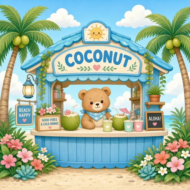 Whimsical Coconut Bear Seaside Kiosk Illustration