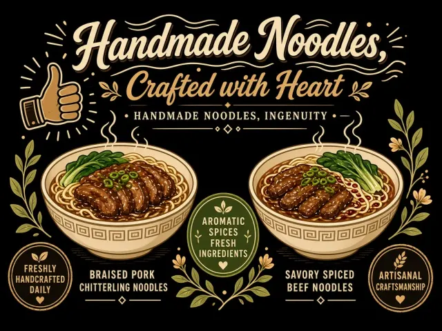 Food & Dining image example: Flat Vector Handmade Noodle Brand Logo and Poster