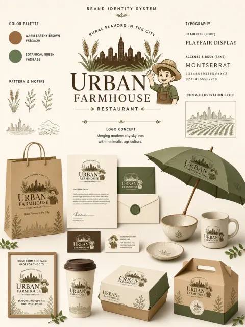 Cartoon Mascot image example: Urban Farmhouse Brand Visual Identity Mockup