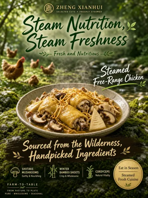 Warm & Cozy image example: Fresh Green Steamed Farm Chicken Brand Poster