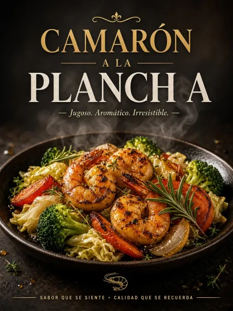 Symmetrical Centered image example: Moody Dark Sizzling Shrimp Culinary Poster