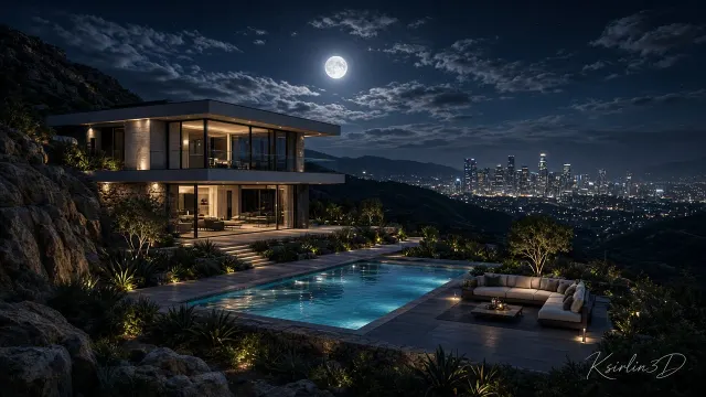 3D Photorealistic Night View of Hillside Villa