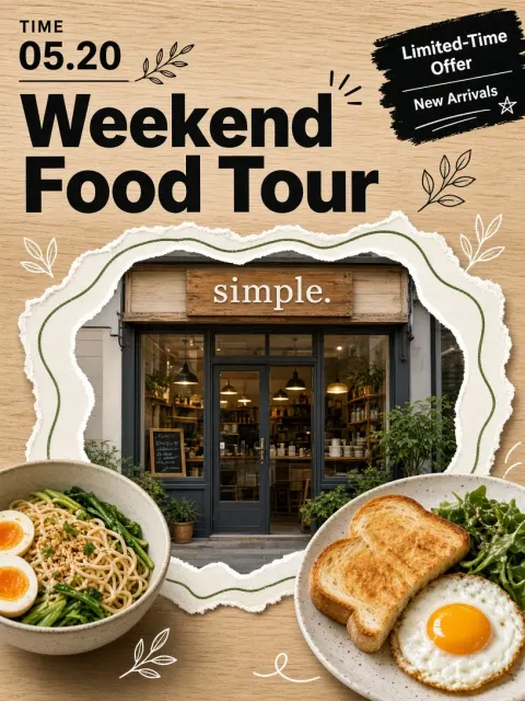 Paper Collage image example: Weekend Food Tour Store Promotion Poster