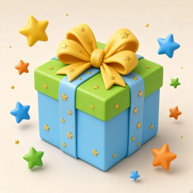 CGI Illustration image example: Festive 3D Colorful Gift Box and Stars Illustration
