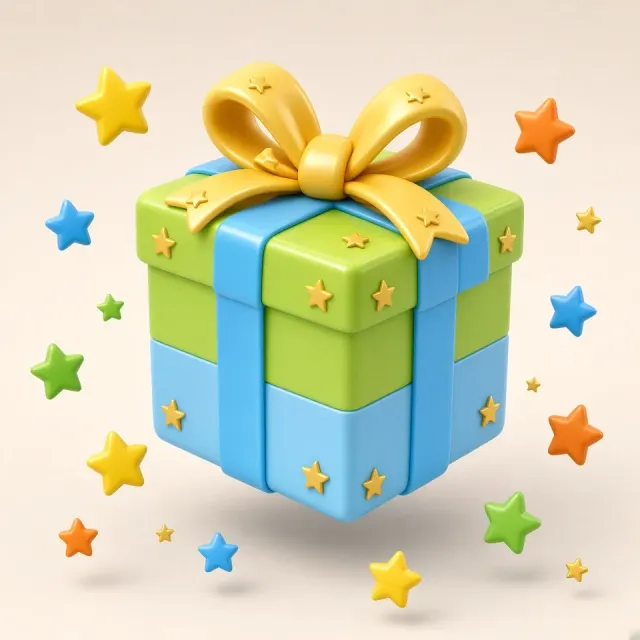 Gift Box image example: Colorful 3D Gift Box and Stars CGI Illustration