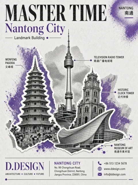 Nantong Landmark Architectural Collage Poster