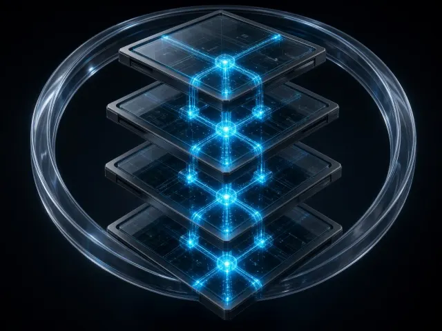 Abstract Tech image example: Layered Dark Glass Cloud System Architecture Diagram