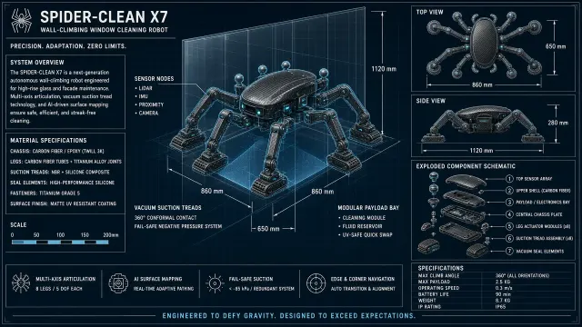 Exploded View image example: Window Cleaning Wall Crawler Robot Technical Blueprint