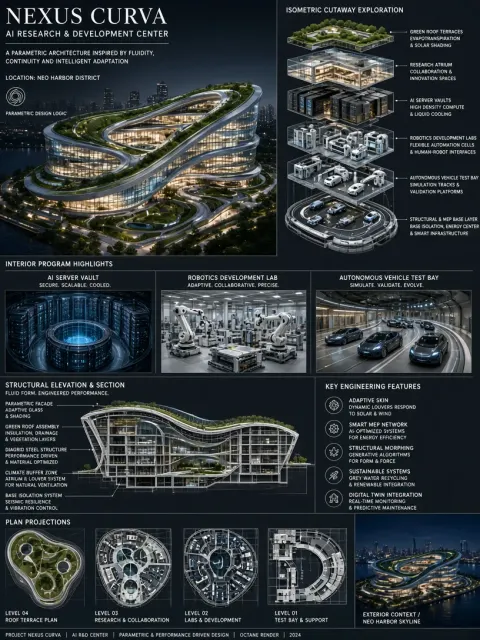Night Scene image example: Parametric AI Computing Center Architectural Concept Sheet