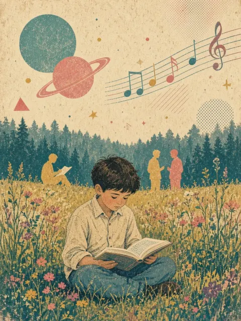 Vintage Screenprint Boy Reading in Meadow