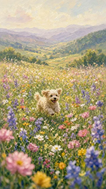 Ethereal Light image example: Impressionist Dog Running in Wildflowers
