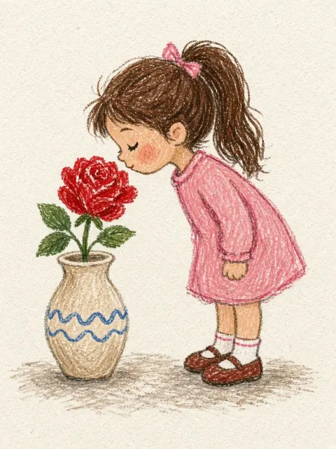 Figurative image example: Naive Crayon Drawing of Girl Smelling a Rose