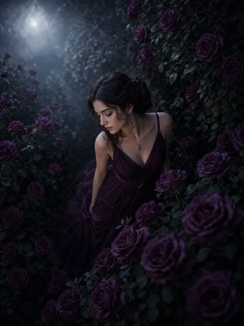 Moonlit Purple Rose Garden Female Portrait