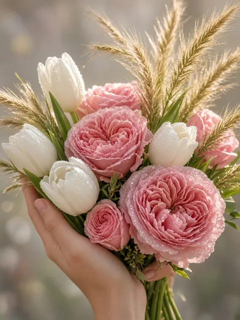 Hand Holding Fresh Tulip Bouquet in Sunlight