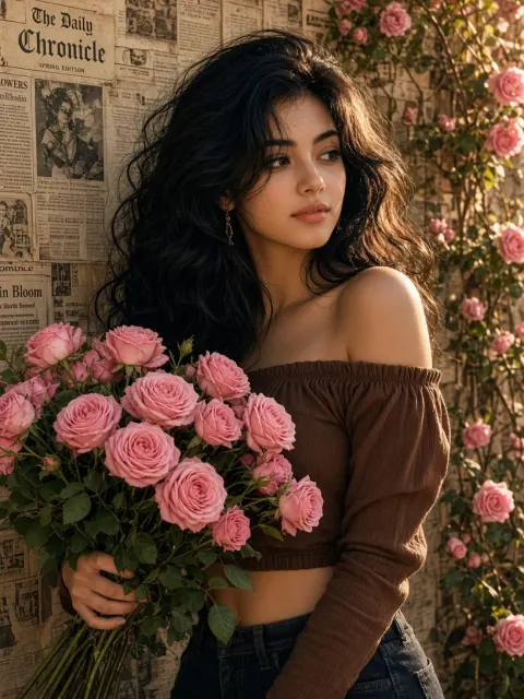 Vintage Portrait with Pink Roses and Newspaper Wall