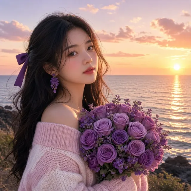 Romantic Aesthetic image example: Korean Girl with Purple Roses at Sunset Seashore
