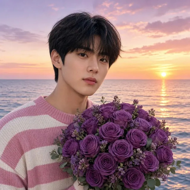 Warm Glow image example: Korean Youth with Purple Roses at Ocean Sunset
