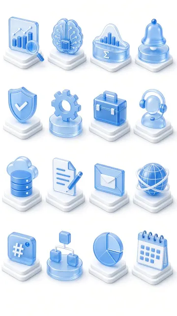 Glass & Crystal image example: Blue 3D Translucent App Icons Grid Set