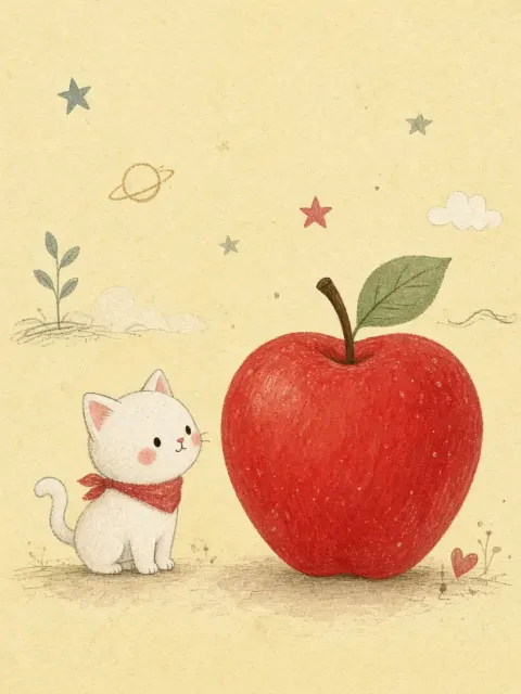 Minimalist Doodled Kitten and Red Apple Wallpaper