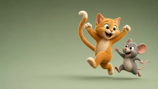 Muted Colors image example: Low Saturation 3D Cartoon Cat and Mouse Desktop Wallpaper
