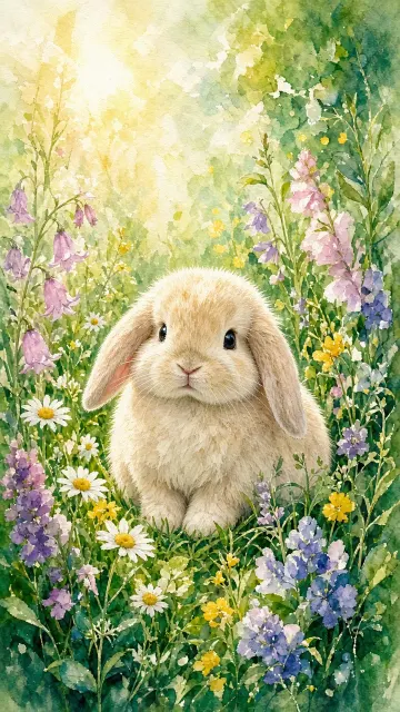 Healing image example: Dreamy Watercolor Lop-Eared Bunny Wallpaper