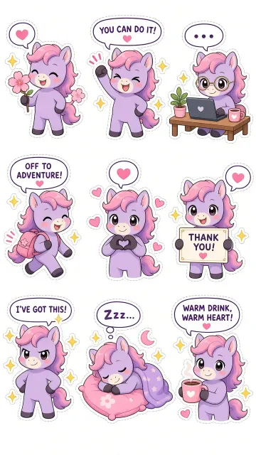 Cute Mascot image example: Cute Little Pony Mascot 9-Grid Sticker Sheet
